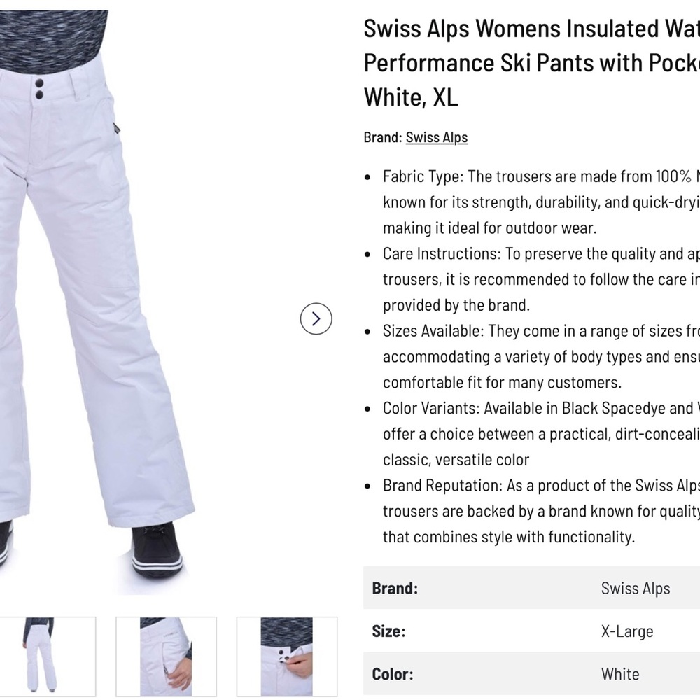 Swiss Alps Ladies Ski Pants Insulated Waterproof/White/Pockets/XL